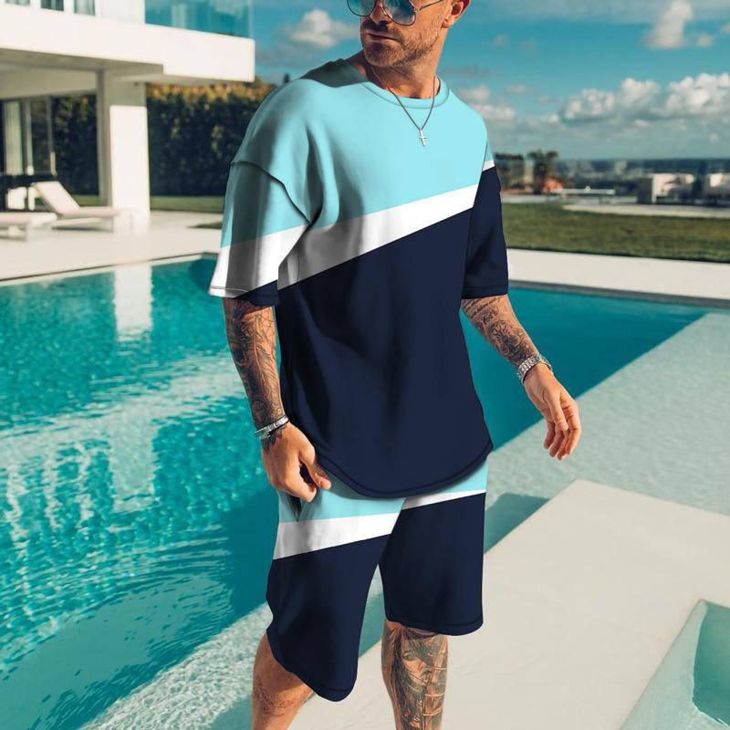 Summer Spliced Color Beach Style Men's Casual Fashionable Comfortable Loose Short Sleeved Two-piece Sport Wear