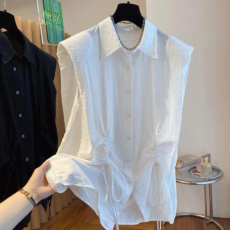 

Women s Black Sleeveless Shirt Collar Blouse Drawstring Ruched Loose Casual Top L білий