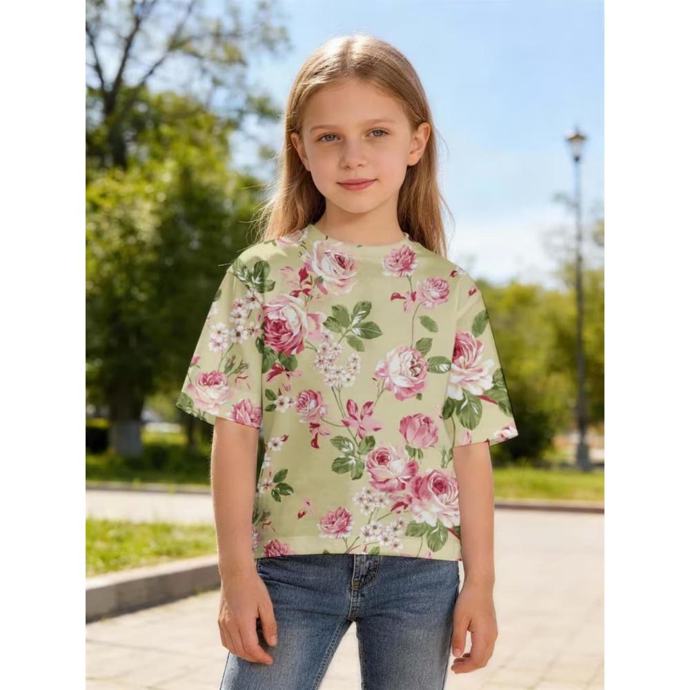 Summer Girl T-shirt Fashion Flower 3D Print Kids Short Sleeves T-Shirt Loose Casual Tops Outdoor Comfortable Girl Clothing