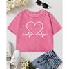 Simple Love Heart Electrocardiogram Print Washed Crop T-Shirts Women Retro Fitness Tops Cotton Short Sleeve T Shirt