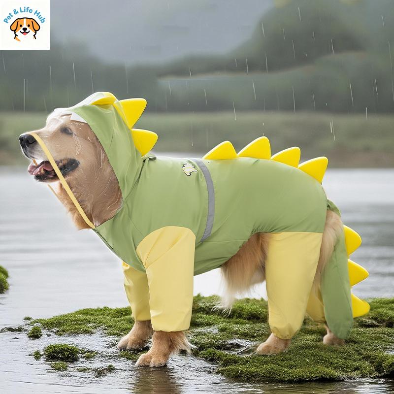 Hunderegenmantel mit Dinosaurier-Design, 4 Beine, Wasserdicht, Haustierkleidung, Sommer, Schwanzform, Regenmantel für große Hunde, Golden Retriever