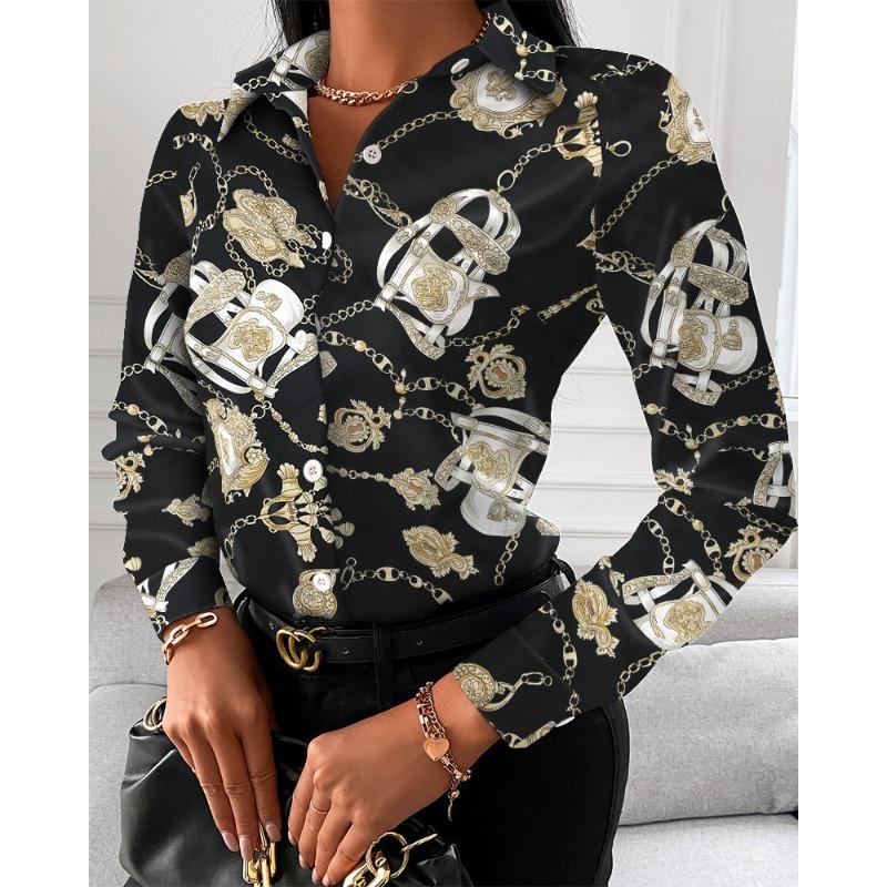 Women Fashion Wild Shirts Chain/Floral/Letter/Geometric Square Print Turn-Down Collar Long Sleeve Blouses