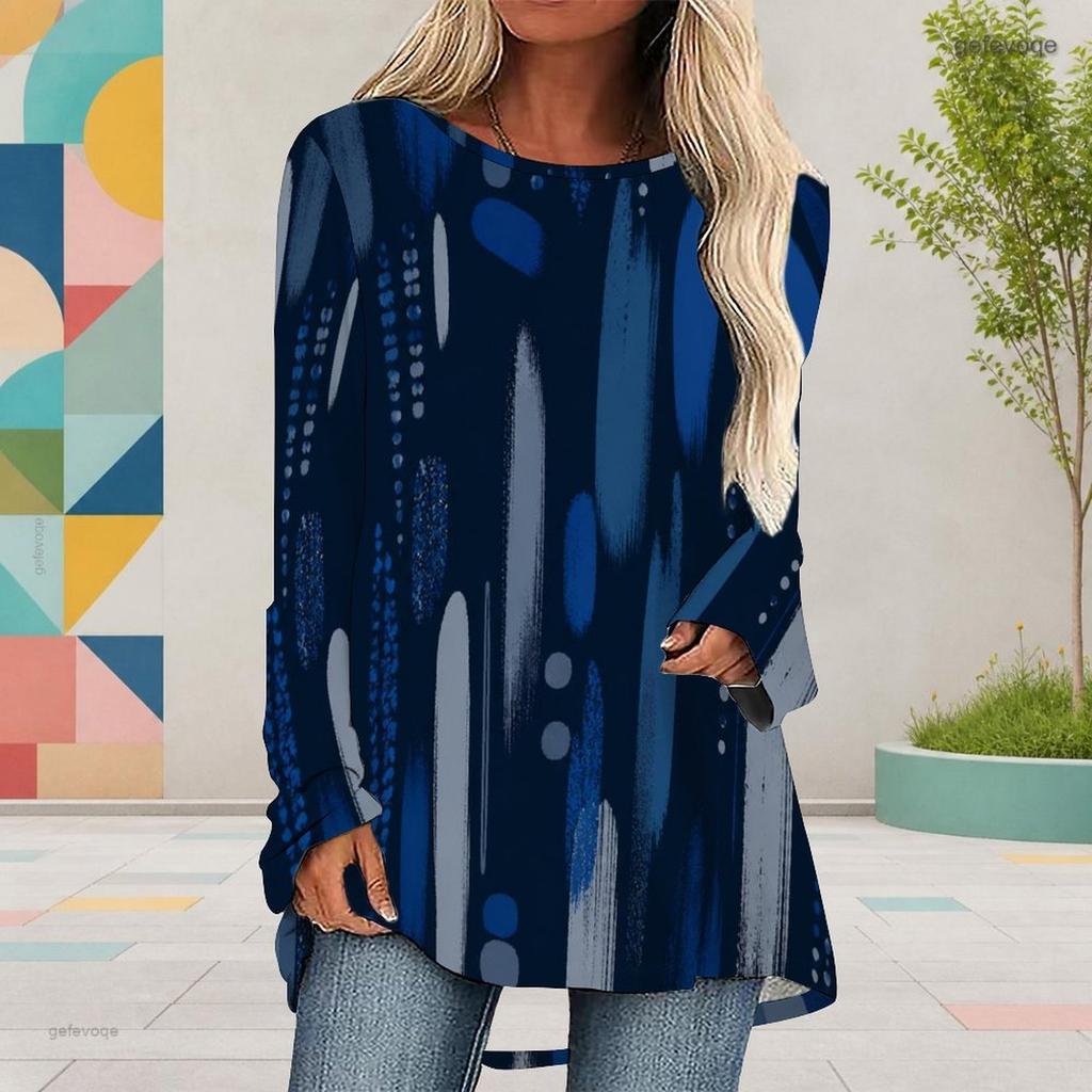Women Plus Size Round Neck Long Sleeve Dark Blue Printed Loose High Low Hem Shirt