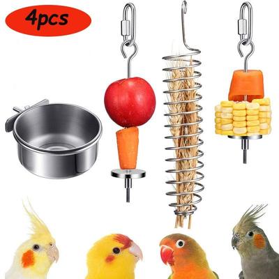 2021 New Bird Food Holder Support Hanging Cage Bowl Drinking Feeder Dish Cup Stainless Steel Parrot Fruit Vegetable Feeder