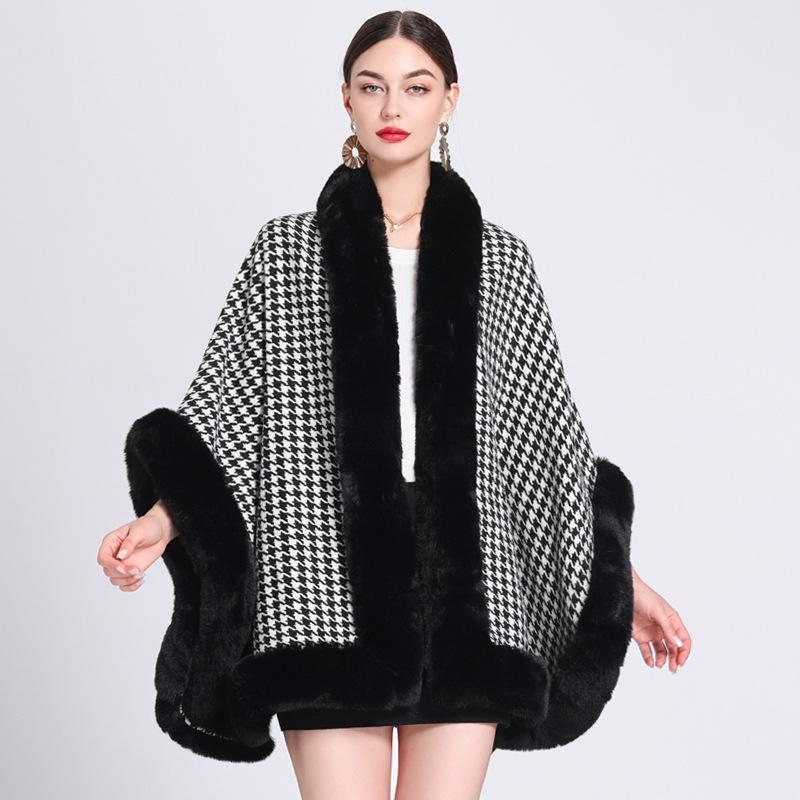 Autumn and Winter Imitation Otter Rabbit Hair Collar Kilobird Check Shawl Scarf Cape Tweed Jacket Female Cape
