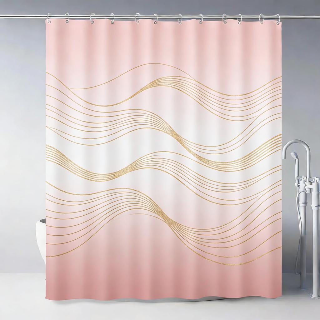 Modern Teal Gradient Wavy Line Art Waterproof Shower Curtain
