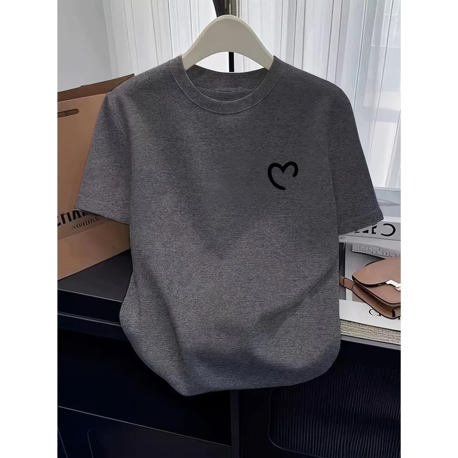 Spring and Summer Simple Round Neck Fashionable Loose and Versatile Casual Short Sleeved T-shirt Women's Top Printed with Love Pattern