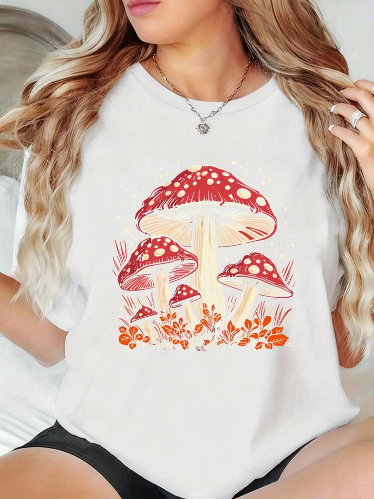 Red Mushroom Personality Prints TShirts Women Summer Short Sleeve Tops ONeck Soft T Shirt Basics Comfortable Womans Clothes