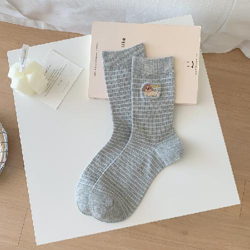 Striped Socks Women Cartoon Dog Embroidery Kawaii Cute Socks JK Japanese Fashion School Girls Knitted Cotton Elastic Long Socks