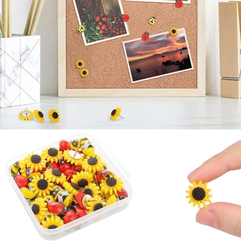 30Pcs Pinos de pressão de flor Lady Bird Pushpin com estojo Pinos de polegar decorativos Pinos de mapa Quadro de avisos de cortiça para escritório escolar