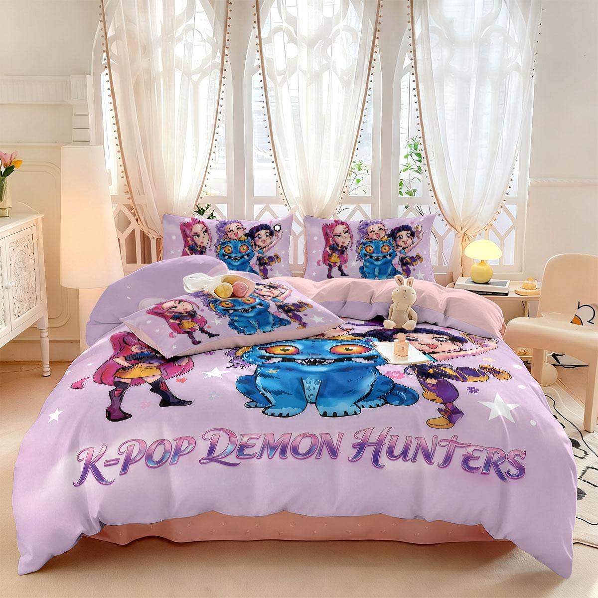 

3pcs K-Pop Demon Hunters Printed Chipless Bedding Set Soft and Comfortable Dormitory Bedroom Multiple Sizes Machine Washable 135x200cm-EU-Single&set