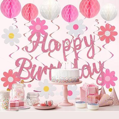 Glitter Powder Happy Birthday Pull Flag Girl Birthday Party Daisy Pull Flower Spiral Pendant Honeycomb Ball Birthday Decoration