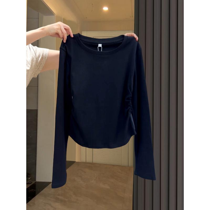 White bottoming shirt women's waist pleated top spring Spice Girl front shoulder thin inside short long-sleeved shirt