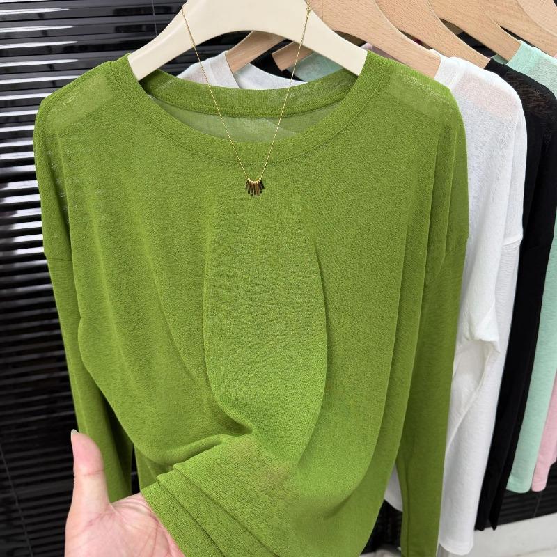 New Ice Silk Cool Tulle Long-sleeved Sunscreen Blouse Women's Fashion Versatile Breathable Solid Color T-shirt Top Summer