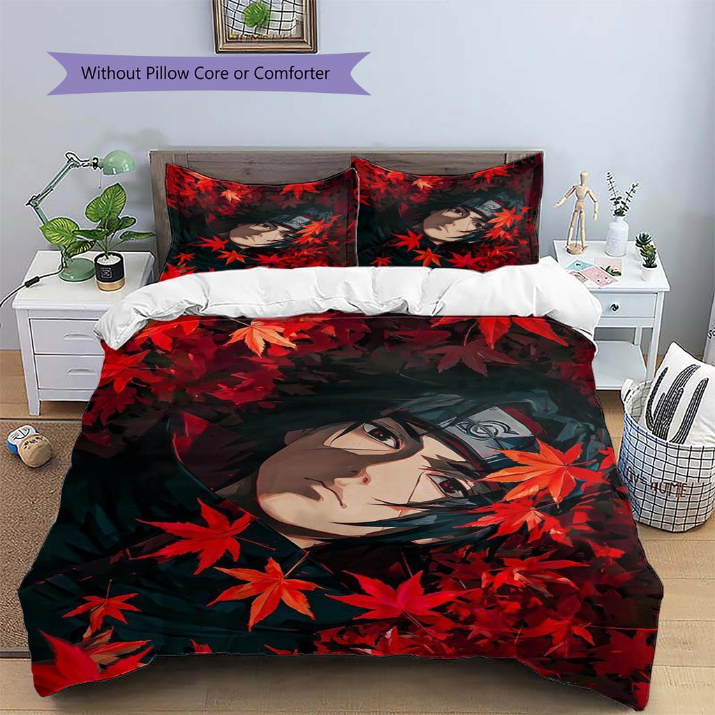 Itachi Uchiha Patterned Pillowcase & Duvet Cover Set Anime Motif Printed Bedding for Bedroom Thoughtful Present for Fans.-TING