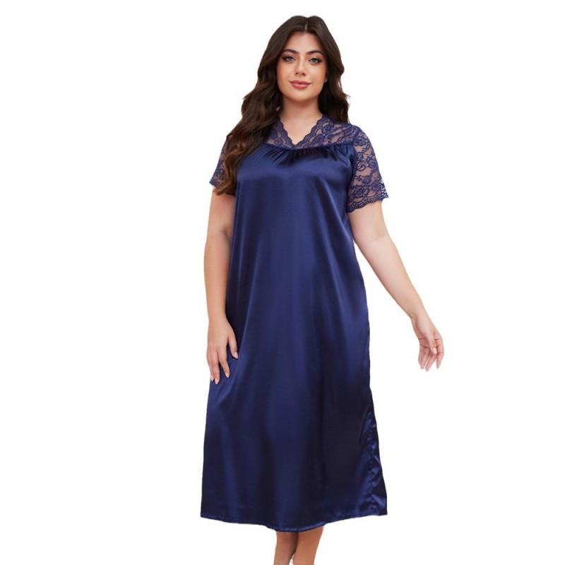 Plus Size Womens Lightweight Satin Sleep Dress With V-Neck Short Sleeve Loose Nightgown Home Wear