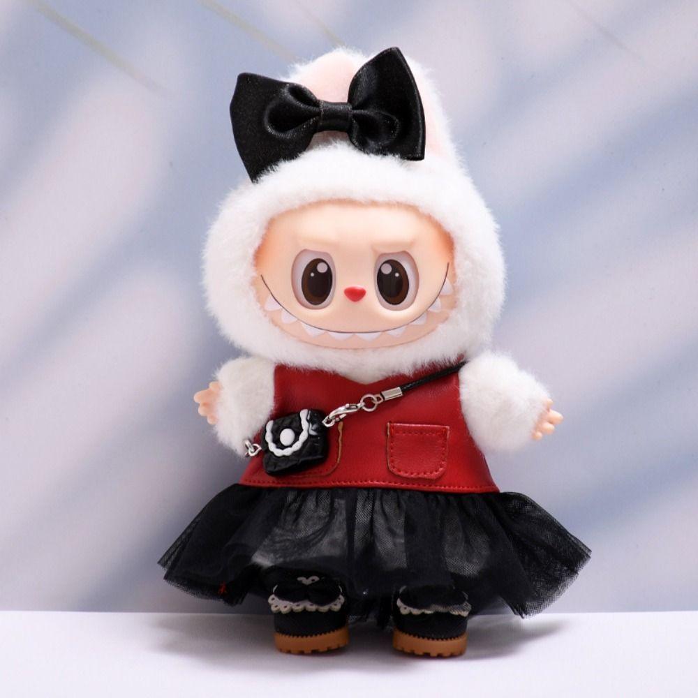 Red Leather Jacket Sitting Labubu Time Cloth 17cm Plush Dolls Clothes  Cotton Doll Accessories