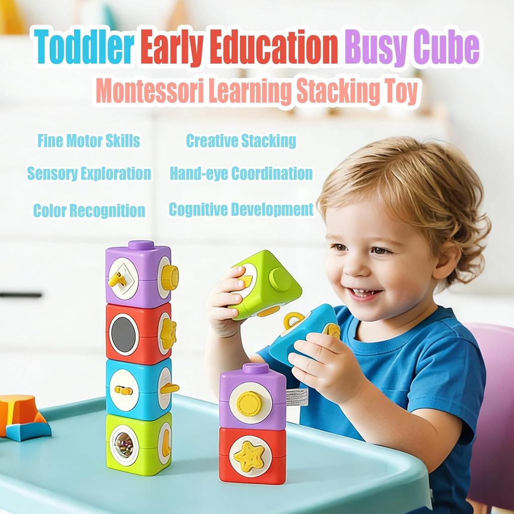 Aktivitätswürfel & Stapelspielzeug Blöcke Set aus 4, Montessori Spielzeug Pädagogische Aktivitäten Sensorisches Reise Spielzeug für Kleinkinder Geschenke