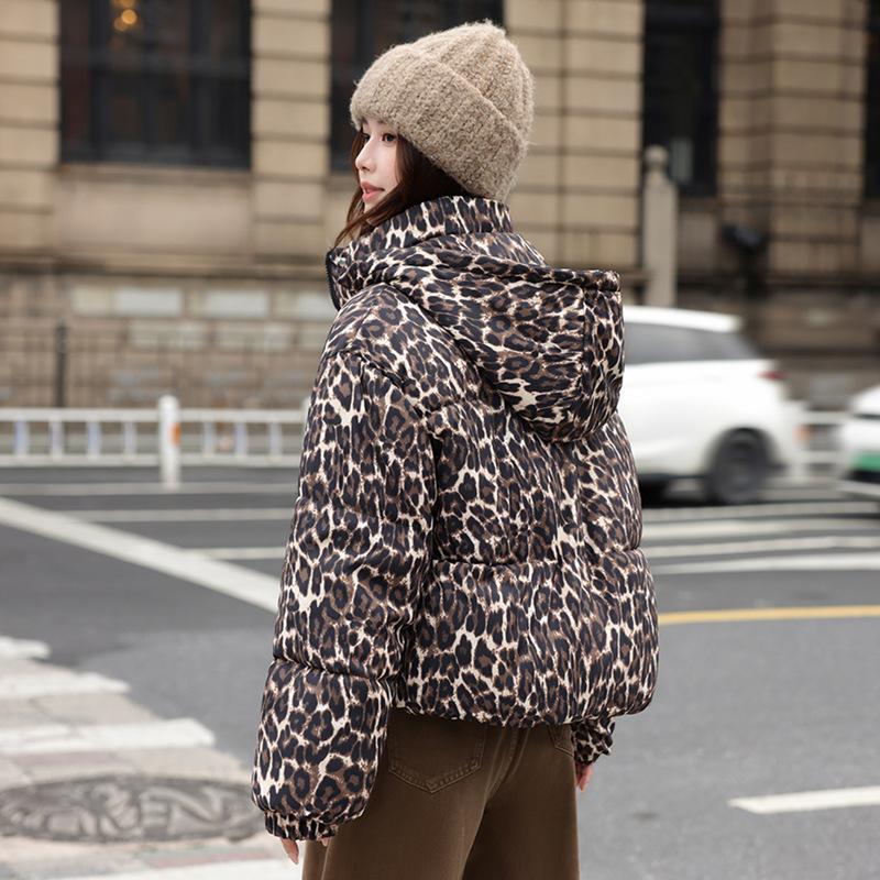 Women's new leopard print hooded windproof lightweight thickened fluffy warm loose high-quality fabric casual sports cotton jacket