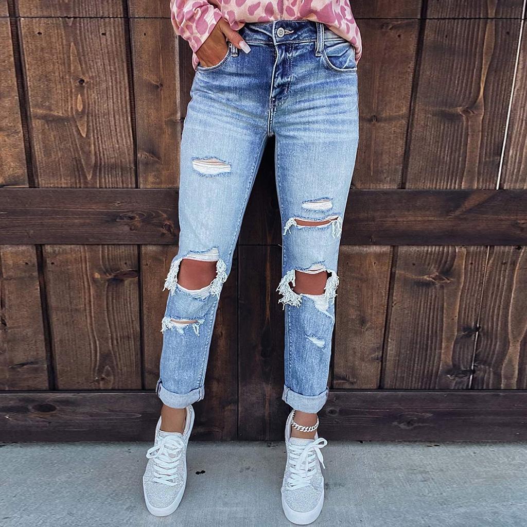 Women Color Hole Low Waist Jeans Flares Fashion Pants Trouser