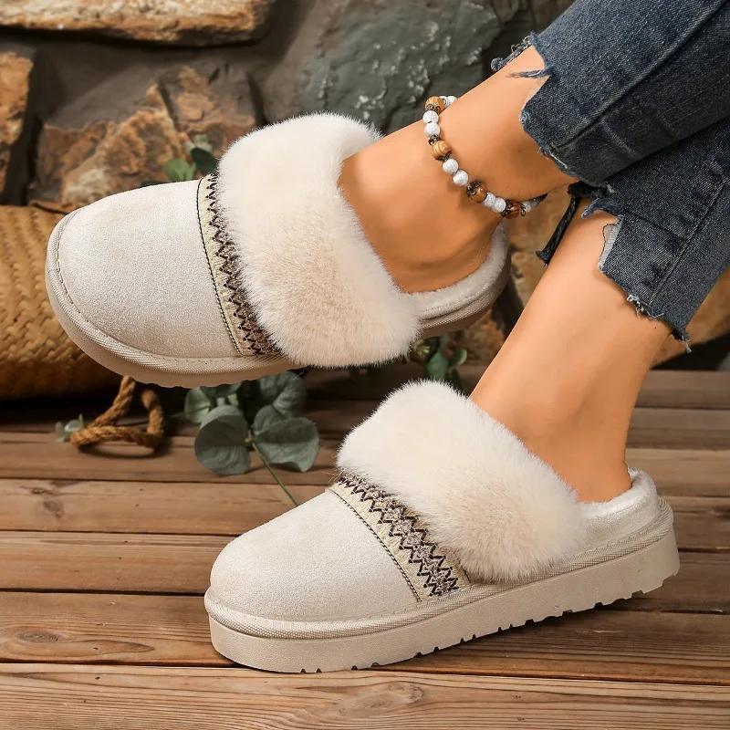 Fashion Thick Bottom Woolen Slippers Women Winter New Style Fleece Lined Bootie Toe Covering Half Slippers Leisure Footw Pantuflas Mujer