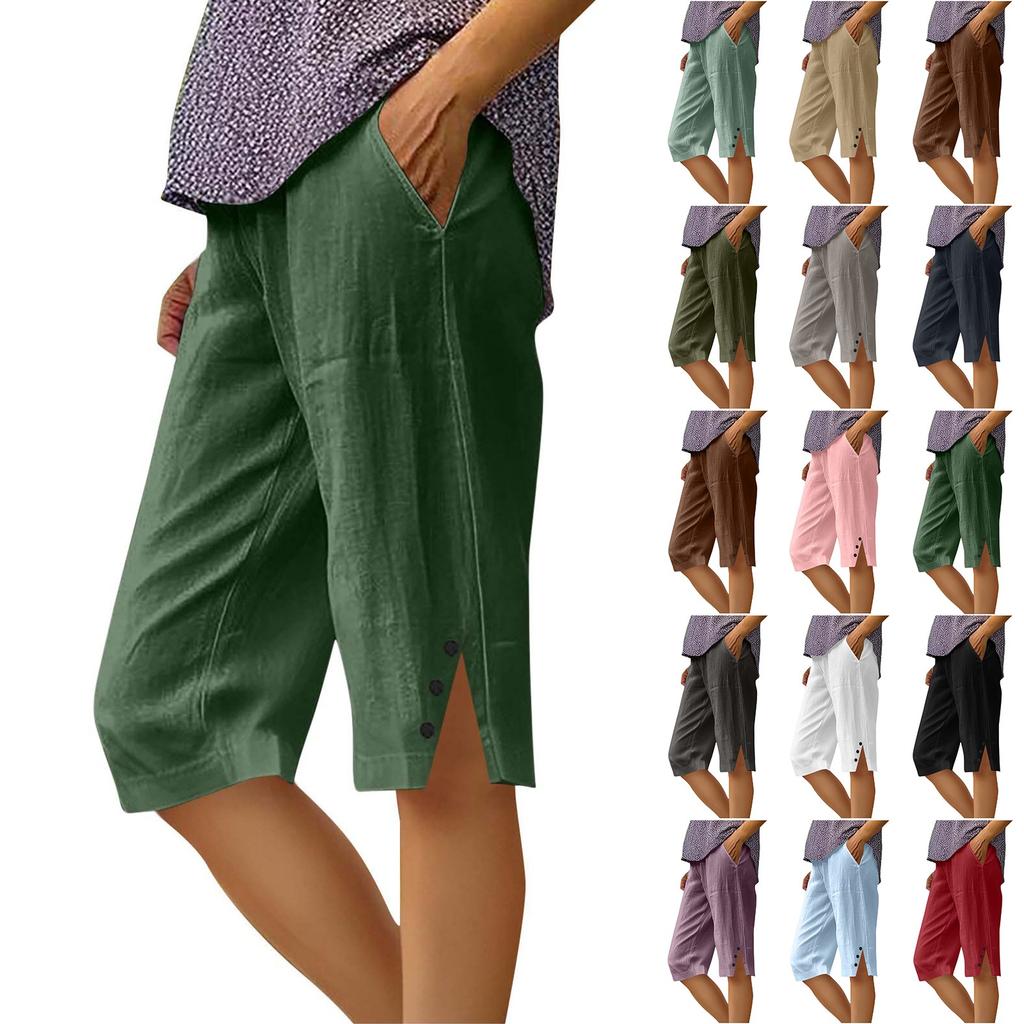 Women's Fashion Solid Color Loose Pocket Elastic Waist Cotton Linen Casual Five Pants