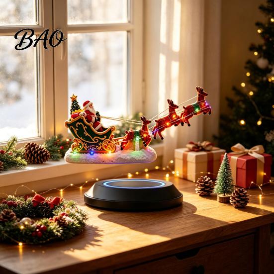 Levitating Holiday Display Lighted Floating Santa Sleigh, Magnetic Levitation Flying Sleigh Ornament with Magic Decoration LED Light, Christmas
