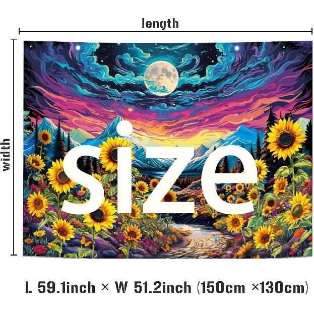 Dermijer Blacklight Moon Sunflower Tapestry Starry Night Mountian UV Reactive Wall Hanging Tapestries Galaxy Space Nature Landscape Tapestry for Home