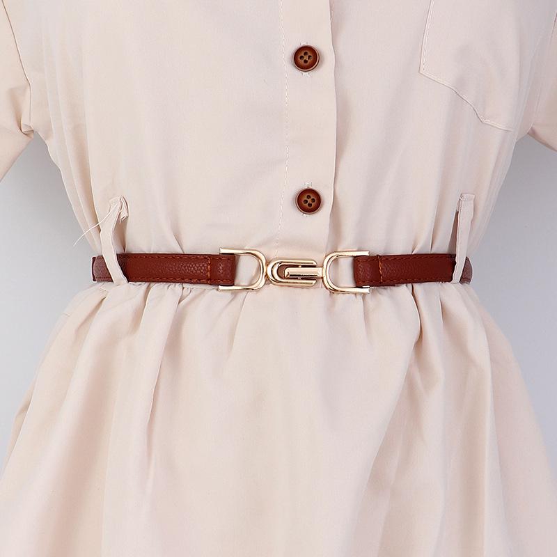 Women's Leather Decorative Buckle Pull-Through Waistband Belt for Skirts and Suits - Punch-Free Design.