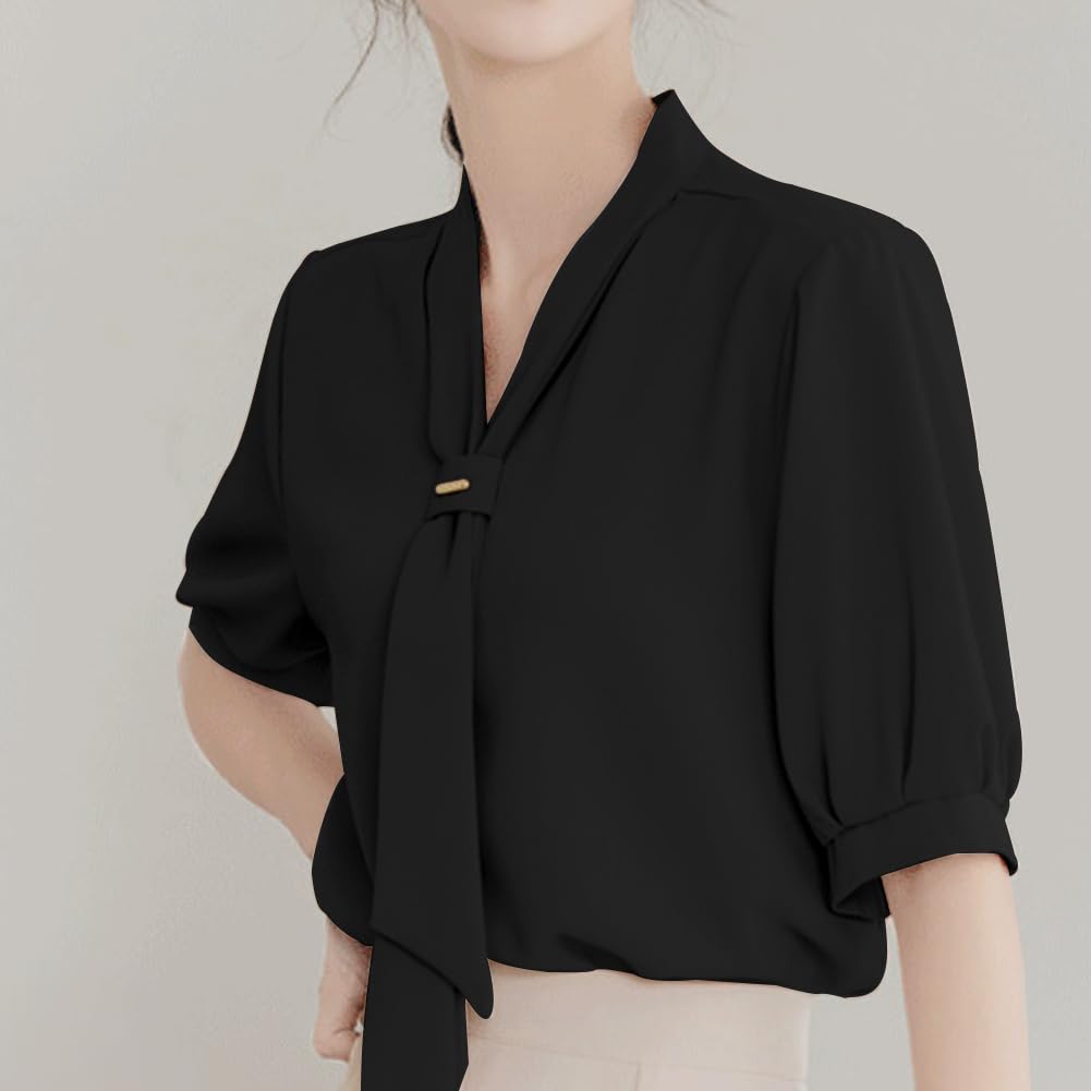 Ino Shirt Blouse Ribbon Top Short Sleeve Smooth Slimming Loose Fit Covers the Body Attractive Stylish Cute Plain Elegant Office Commuting Dates