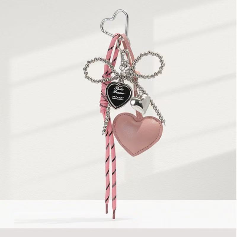 Creative Glossy Leather Pearl Bow Keyring Y2k Long Tassel Love Heart Backpack Pendant Bag Charms Handmade Bag Purse Decor Gift