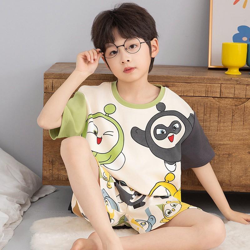 Boys Cotton Short Sleeve Pajama Set Lightweight Sleepwear Kids Teens Home Outfit