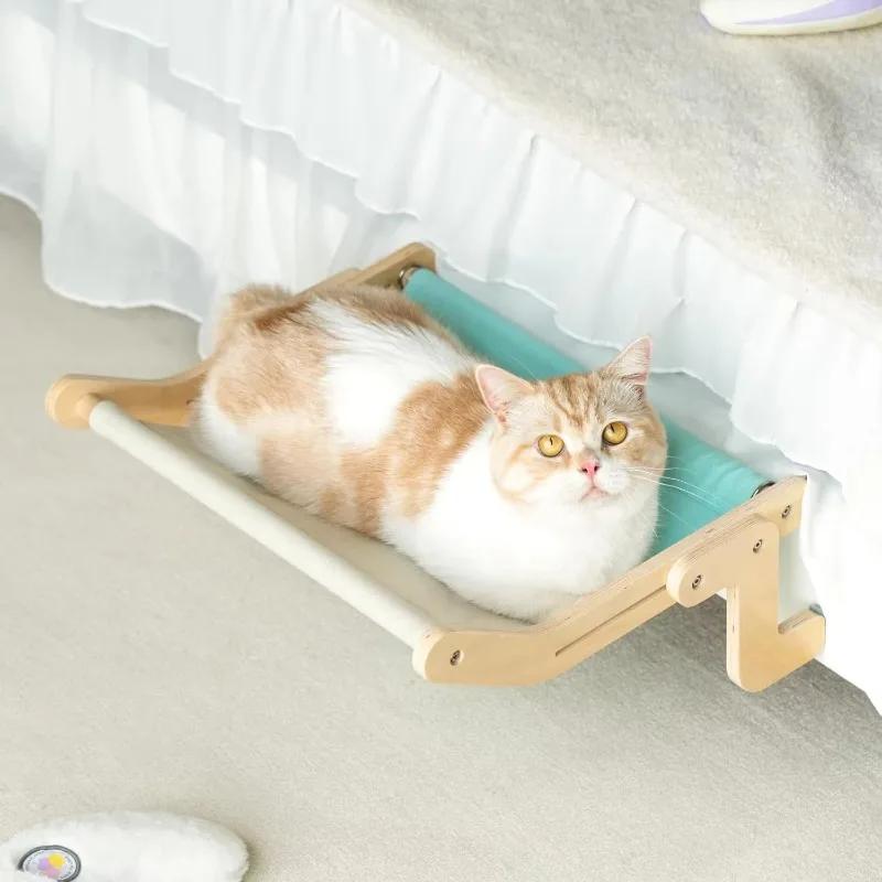 Cat hammock with pet window, Cat hanging hammock with detachable balcony, wooden stand, indoor turndown bed, pet nest