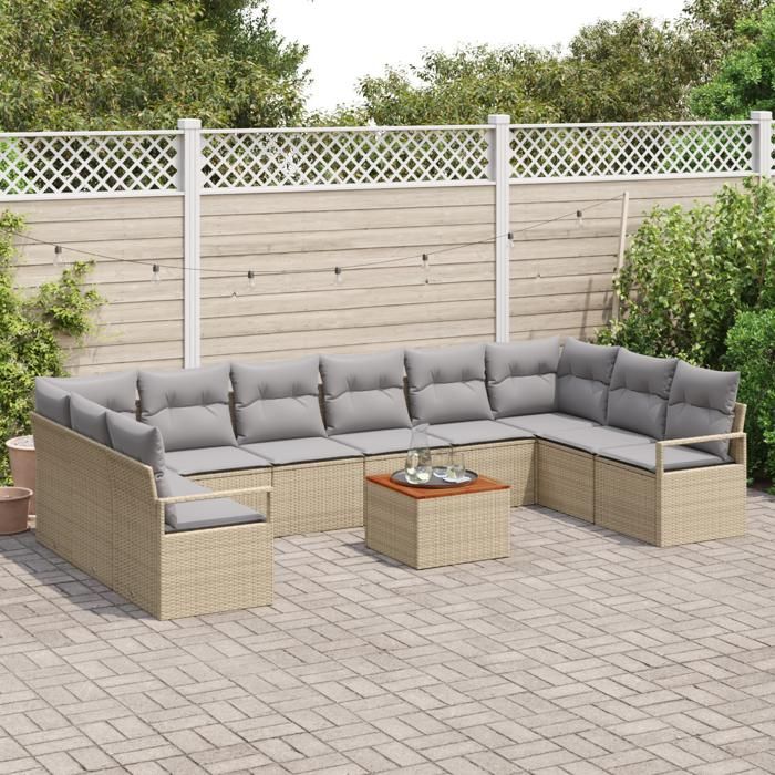 Ensemble de canapés de jardin vidaXL 11 pièces avec coussins beige poly rotin acacia, Canapé de jardin 2 places vidaXL356425