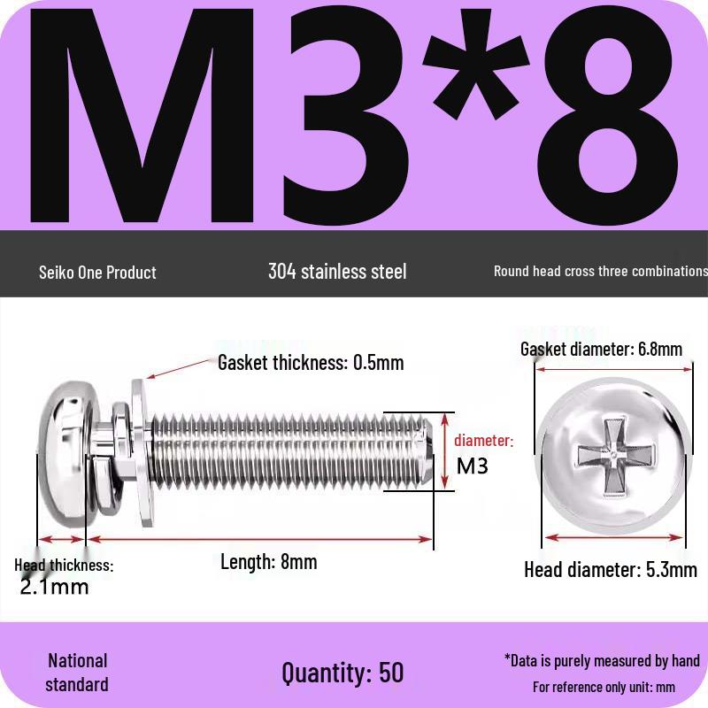 304 Stainless Steel Round Head Phillips Screw with Flat Washer (Sizes M3, M4, M5, M6)