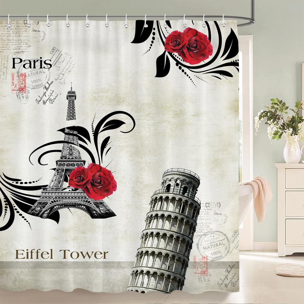 1 Pack European Retro Architecture Flower Style Shower Curtain Partition Bathroom Curtain With Hooks Home Decorative Curtain