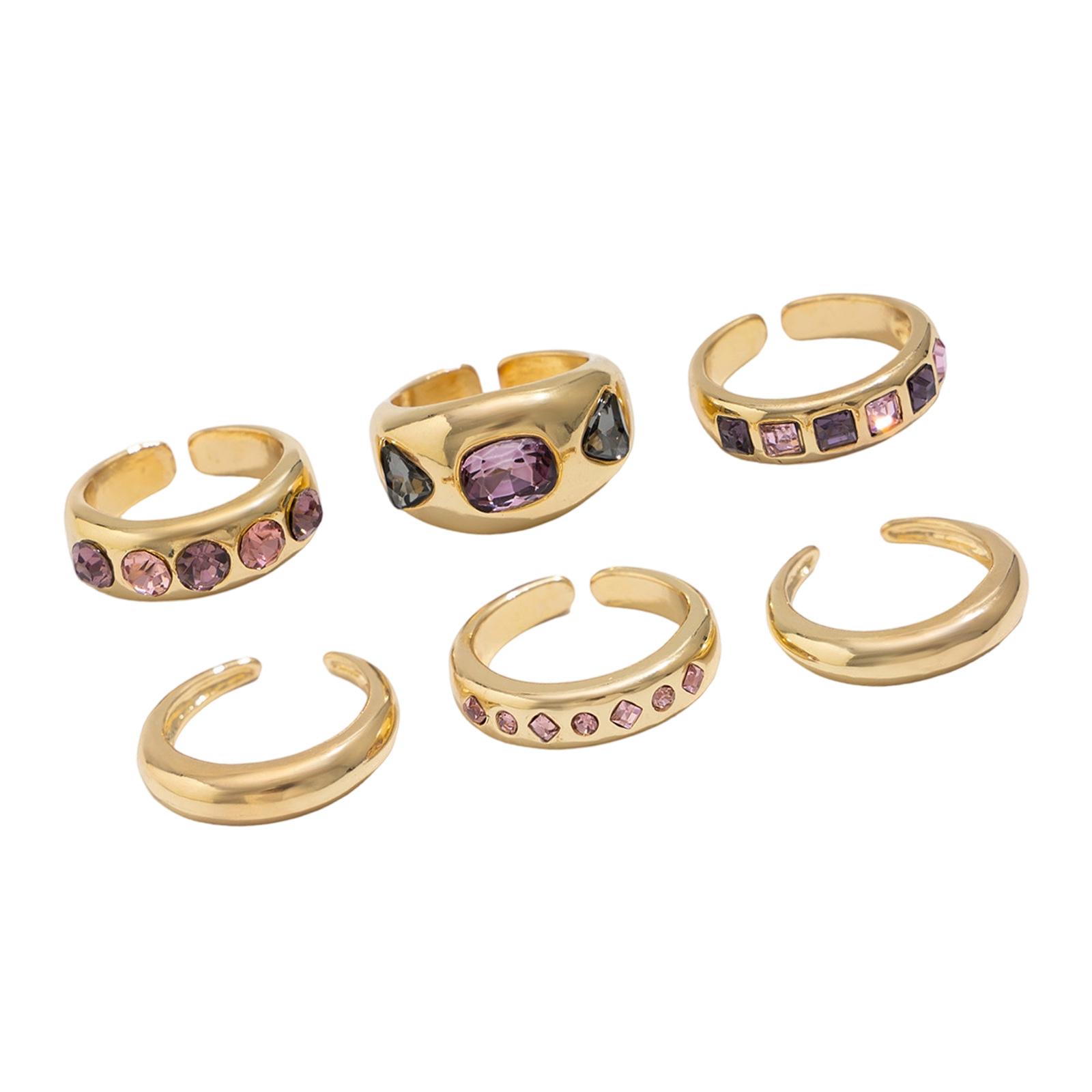 

Pack of 6 Stackable Rings Including Adjustable Fit and Pink Gemstones for Fashion Styles