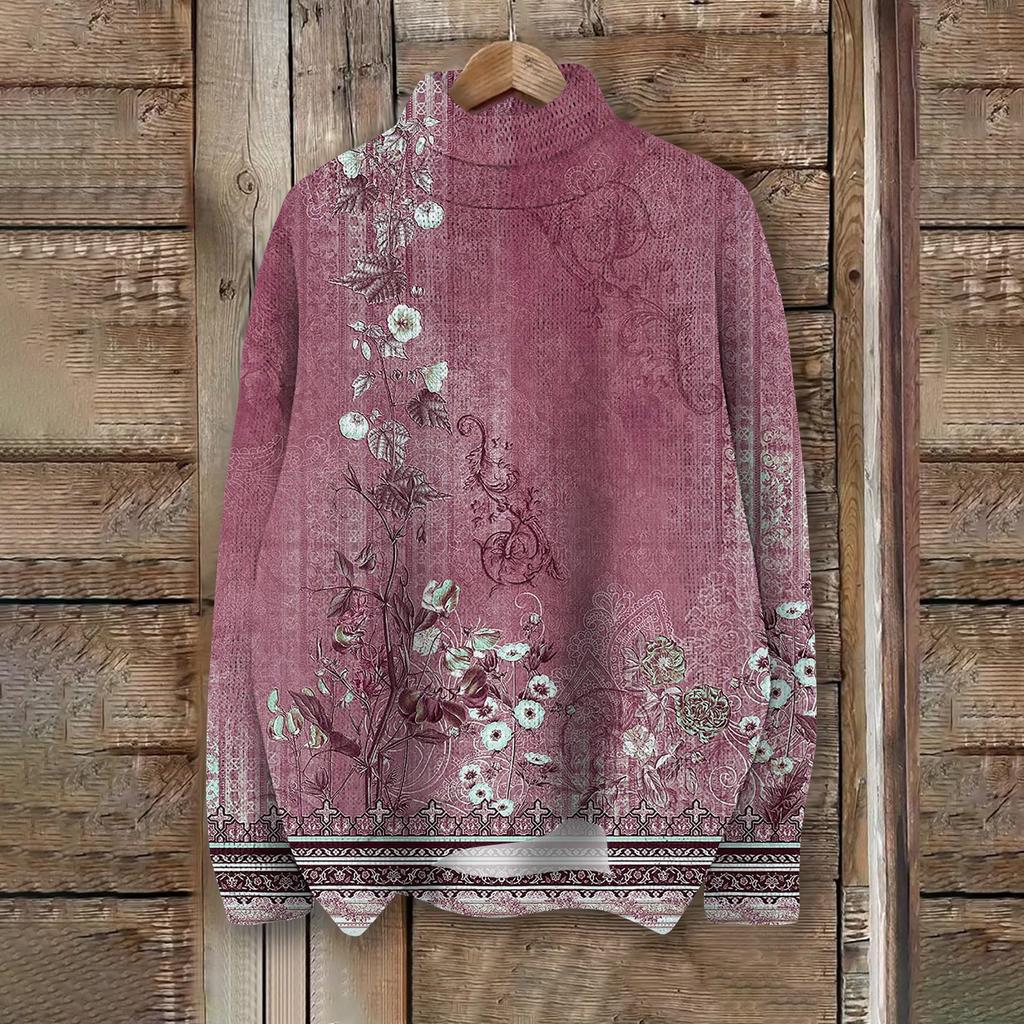 Women's Fashion Casual Long Sleeve Retro Printed Turtleneck Knit Top