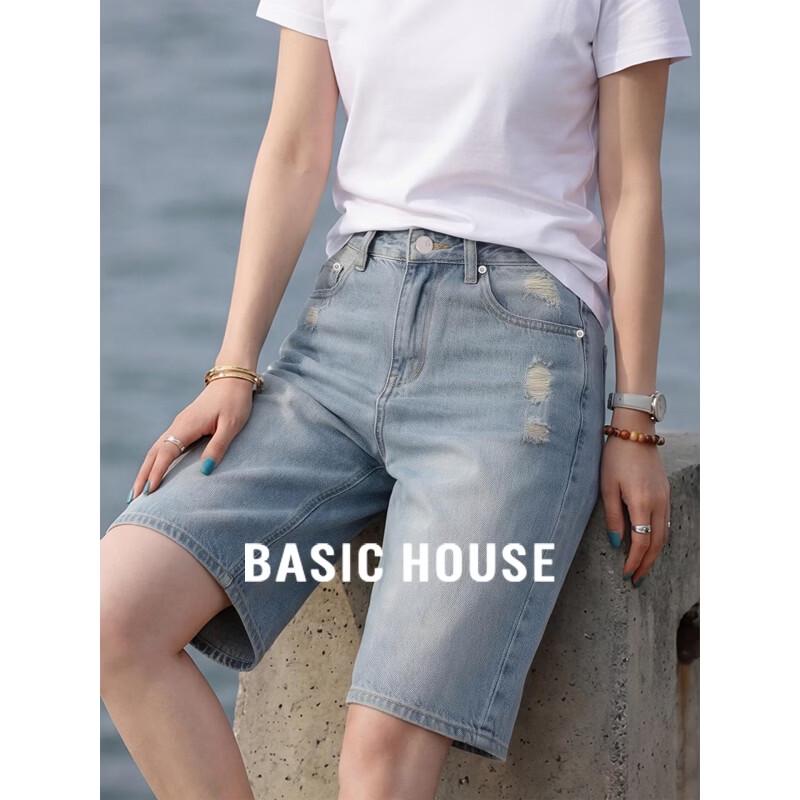 Basic House Women s Ripped Straight Wide-Leg Denim Shorts EU 40