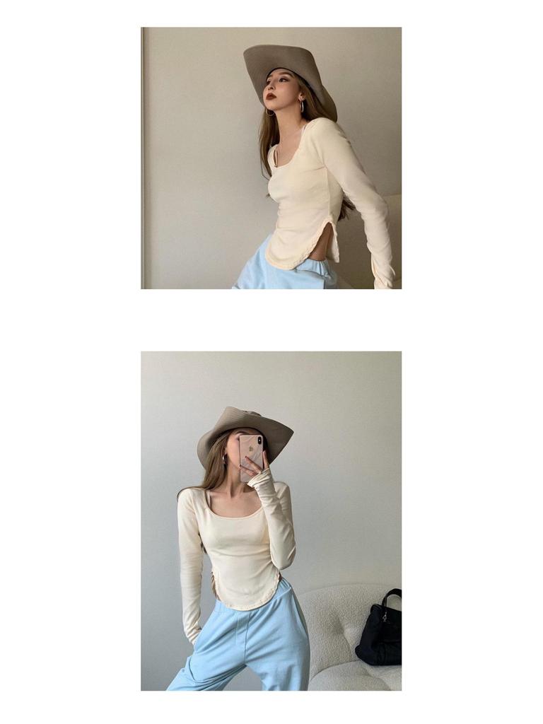 Women's Slim Fit Curved Hem Long Sleeve Square Neck T-Shirt