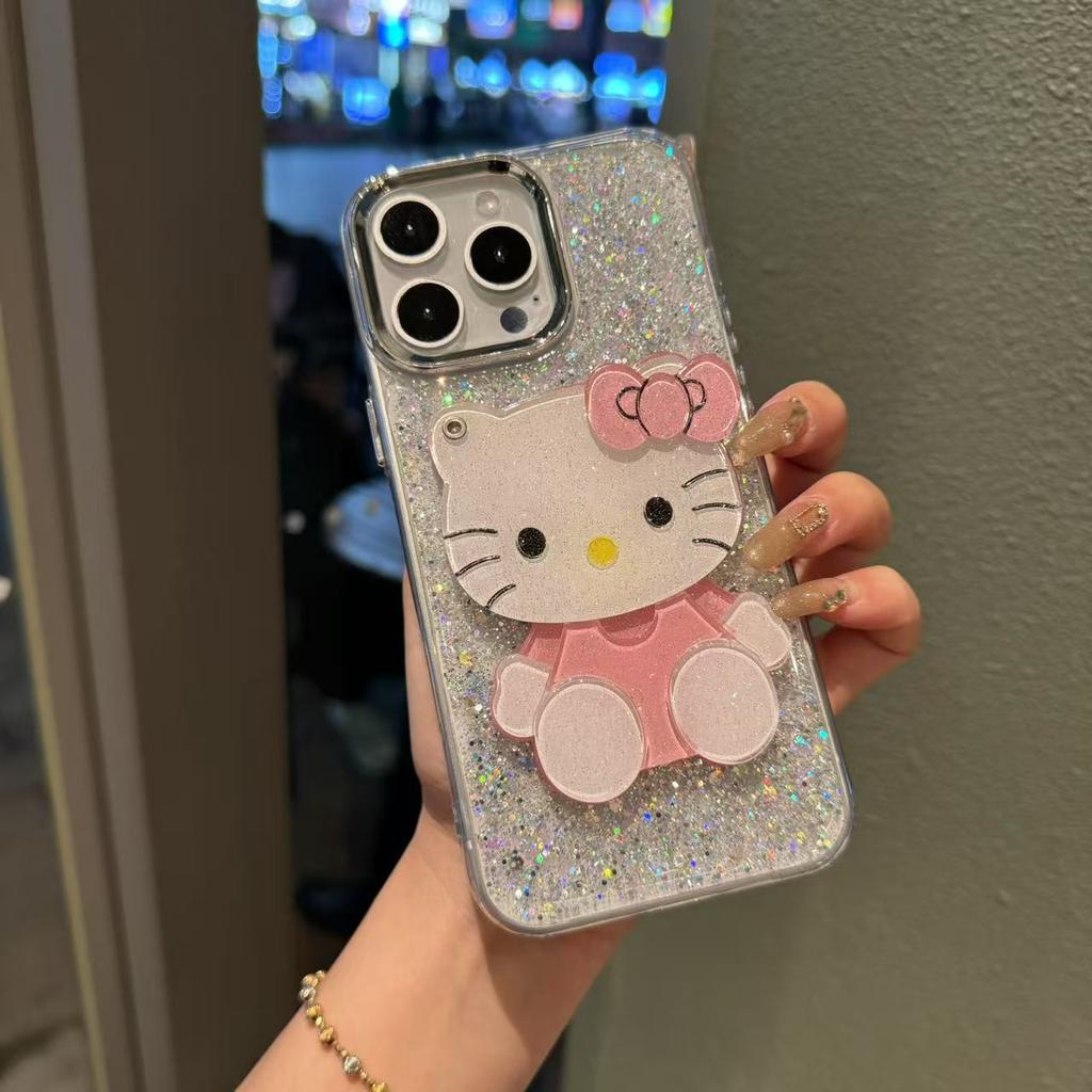 Cartoon Kt cat makeup mirror for OPPO reno14 glitter anti-drop realmeV60 all-inclusive A8 protective case