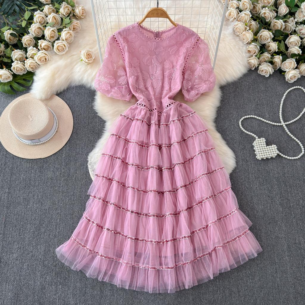 Letní dámské sladké flitrované květinové růžové síťované duté společenské šaty