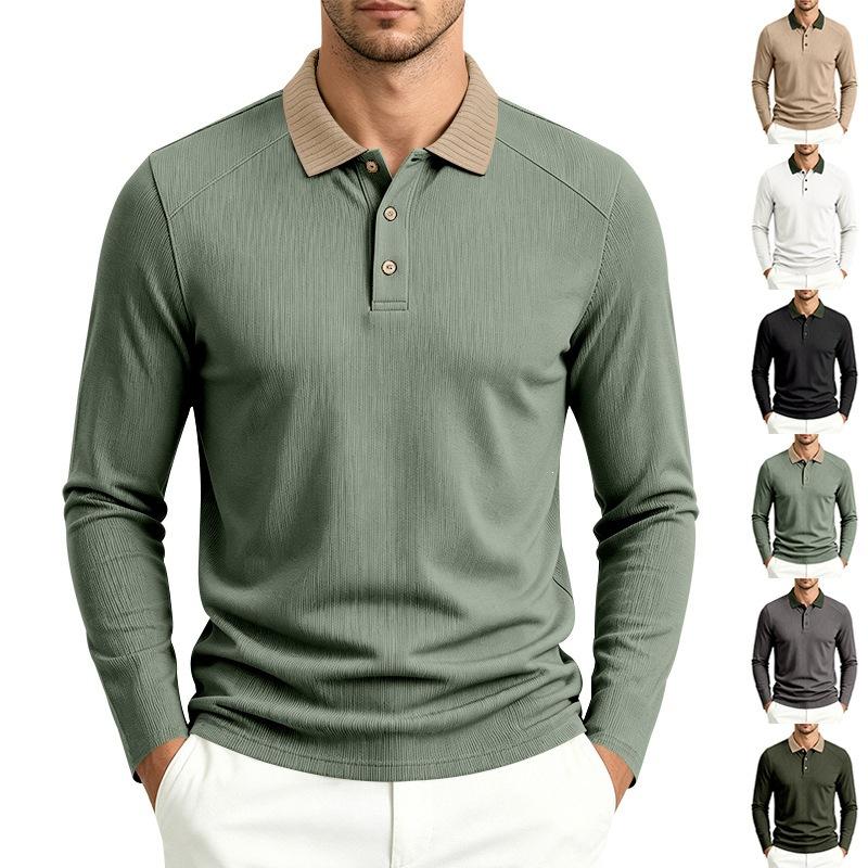 Mens Casual Color Block Long Sleeve Polo Shirt Wrinkle Resistant Breathable Jacquard