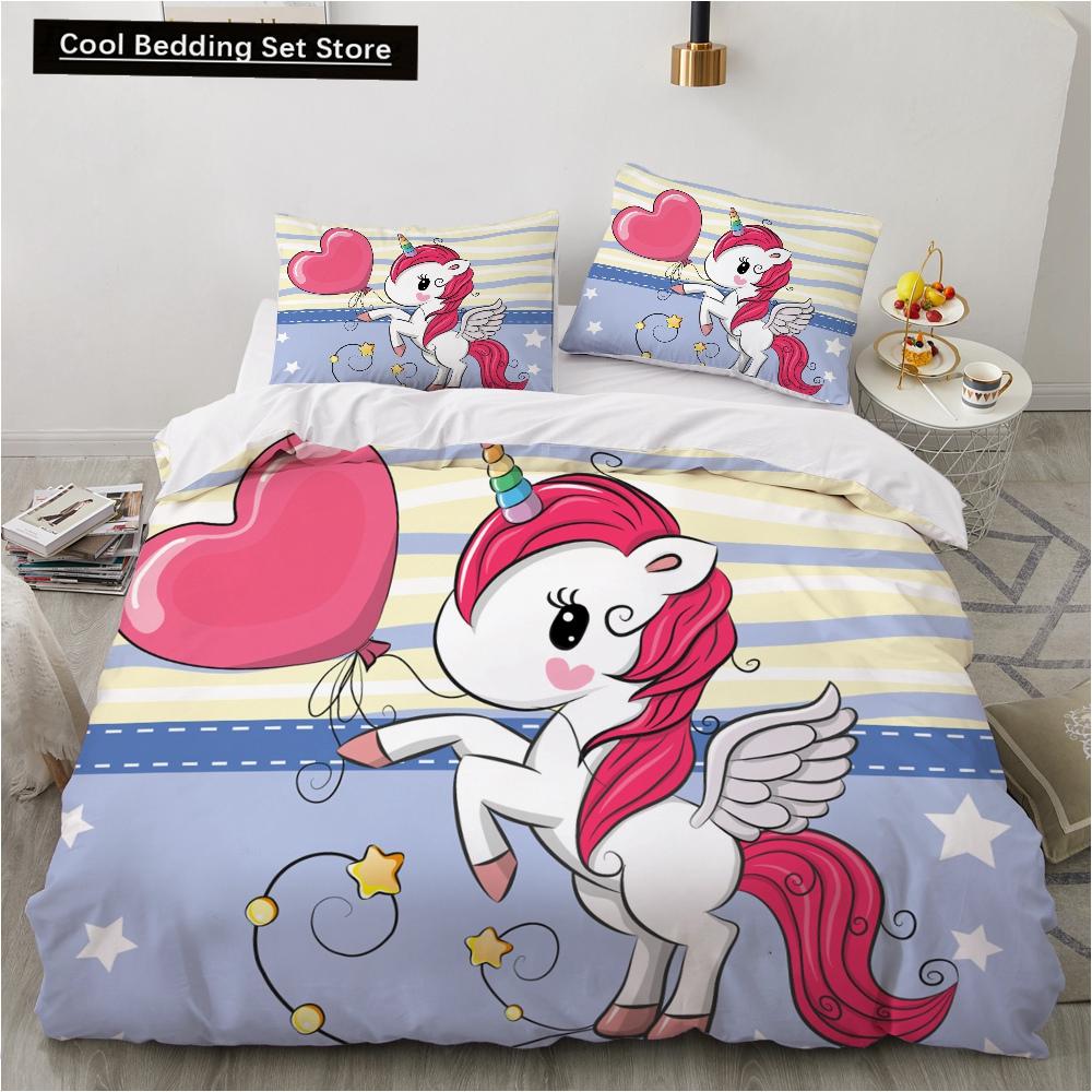 Children Kids Baby Pink Bedding Set Queen King Cartoon Unicorn White Duvet Cover Twin Full Colorful 2/3pcs Polyester Quilt Cover
