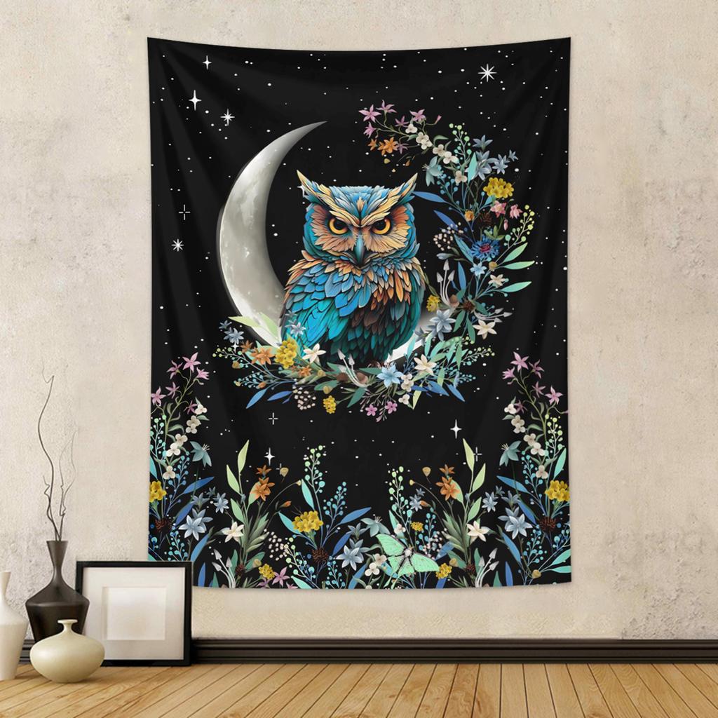1pc Bohemian Owl Floral Aesthetic Tapestry, Moon and Starry Sky Tapestry, Cute Owl Plant Floral Plant Room Tapestry