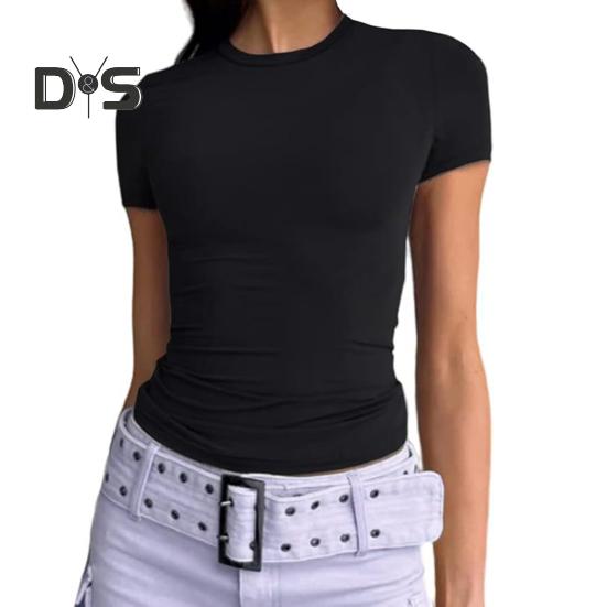 Dámské tričko s kulatým výstřihem a krátkým rukávem, jednobarevné tričko, slim fit, letní pulovrové topy, do práce, pro každodenní nošení