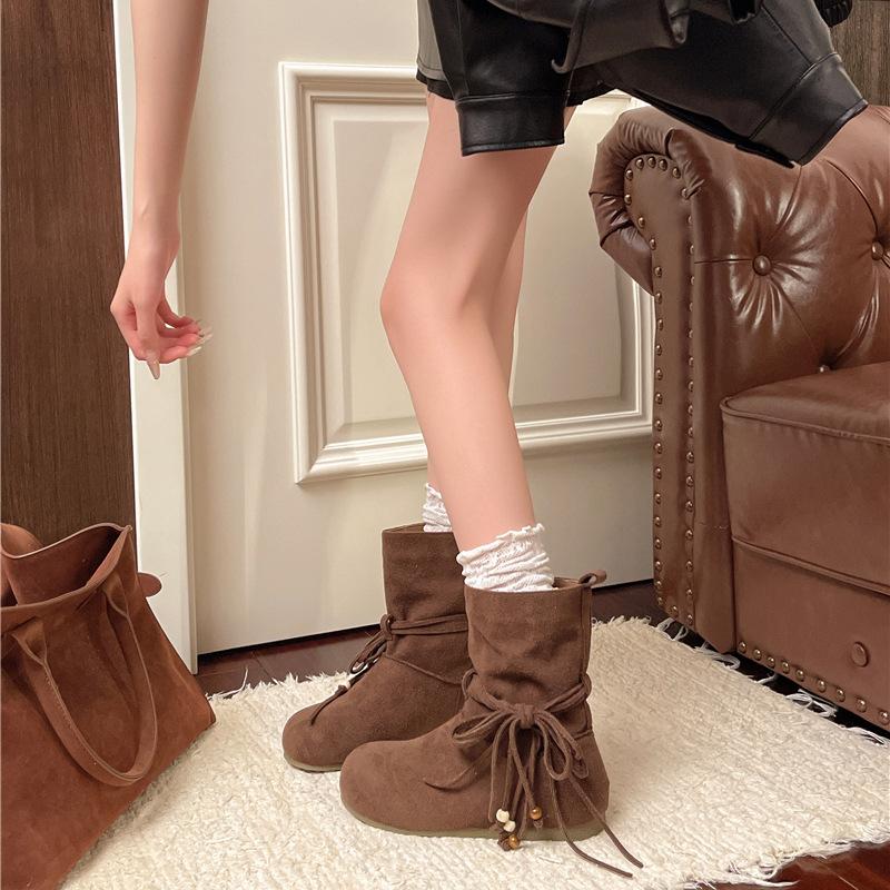 Fashion Women Ankle Boots Lace Up Shoes 2025 Autumn Fashion Suede Flat Bottom Casual Chelsea Short BotinesRetro Tassel Bow Botas Mujer
