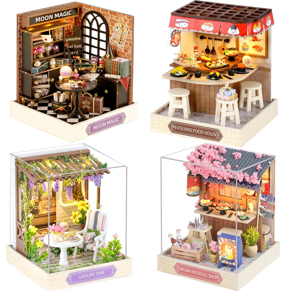 

moin moin Dollhouse Miniature DIY Kit Complete Set of 4 Shops Belt General LED Light Acrylic Case Set, [English Instructions] (Garden Cafe/Coffee