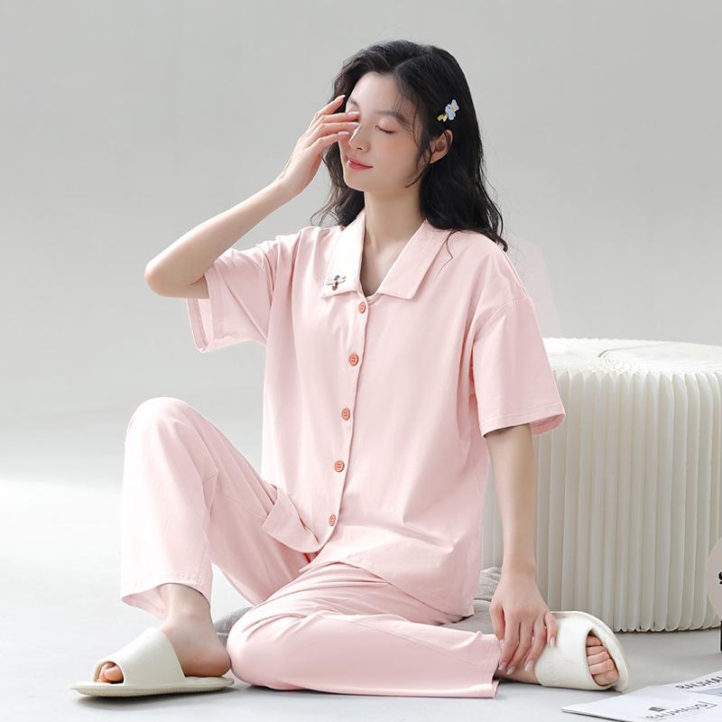 Summer women's pajamas with chest pads 1011 new pure cotton can be worn outside cardigan lapel summer simple home clothes