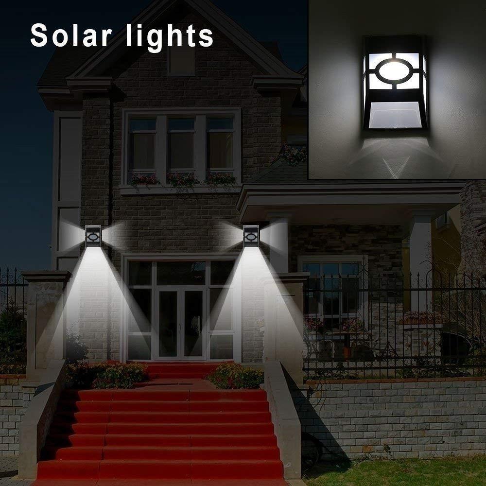 Solar Fence Lights Outdoor, 2 LED Wall Lights Retro Style Lamp Lights Waterproof  for Deck Fence Patio Front Door Stair Landscape Yard